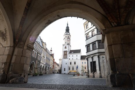 Blick auf einen Rathausvorplatz.