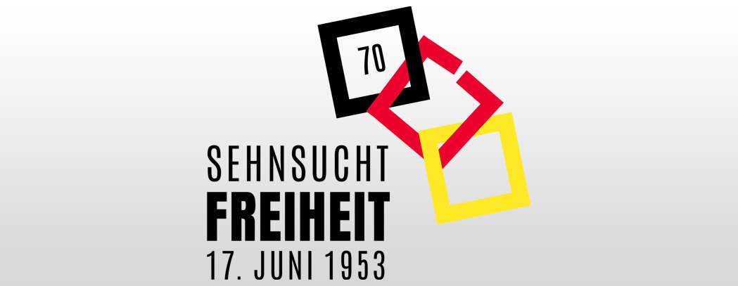 Ein Bildlogo in den Farben Rot, Schwarz und Gelb mit der Aufschrift Sehnsucht Freiheit 17. Juni 1953