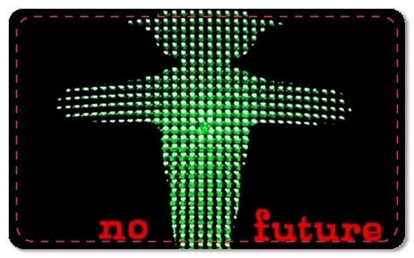 Grafik mit grün leuchtender Figur und rotem Schriftzug „no future“