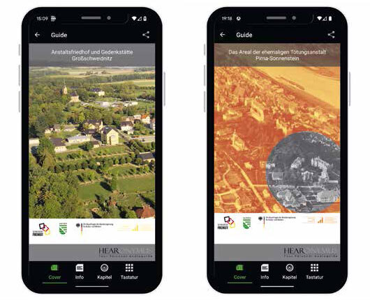 Zwei Smartphone-Bildschirme mit einer Audioguide-App