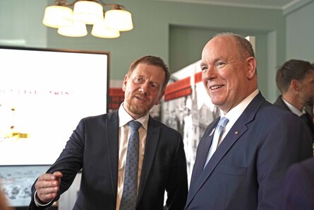 Zwei Männer im Anzug schauen in die Ferne.