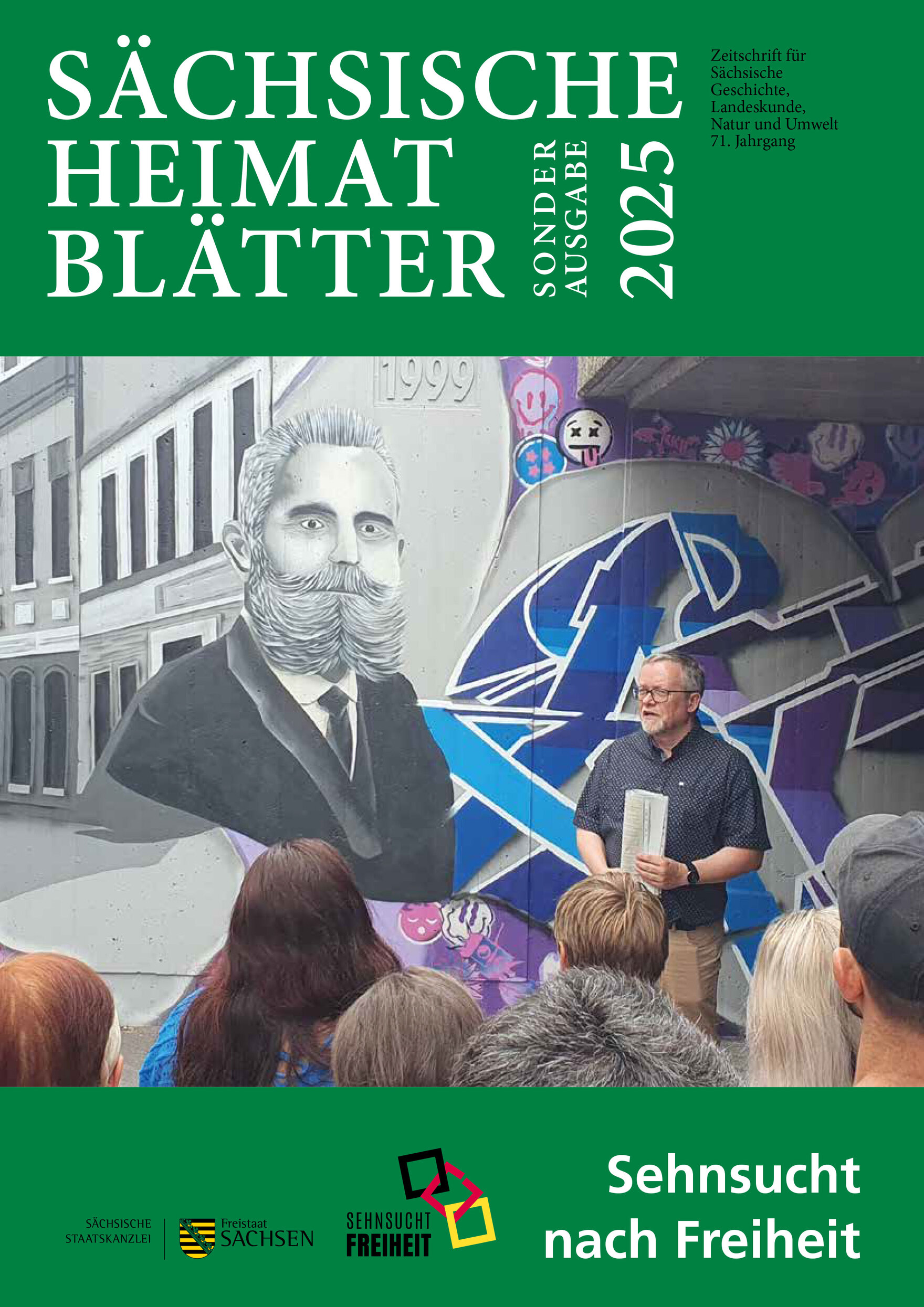 Ein Titelbild einer Zeitschrift zeigt einen Mann vor einem Graffiti.